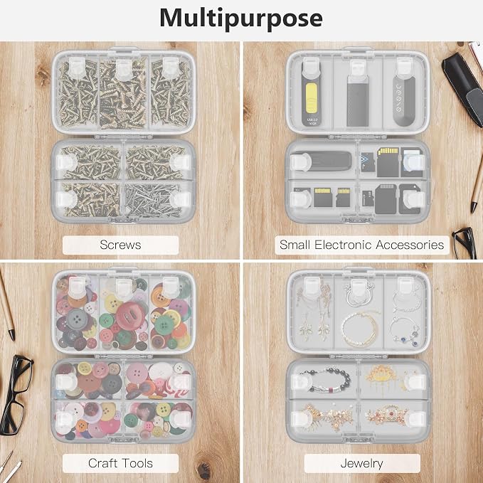 FYY Travel Pill Organizer, Large Weekly Medicine Pill Organizer-Grey | Airtight Moistureproof Medicine Case, Easy to Use, 8 Compartment Pill Box for Vitamins, Fish Oil, Supplements, Mini First Aid