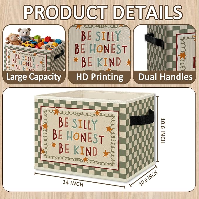 Inspirational Kids Cube Storage Bins with Handles, Be Silly Honest Kind Nursery Collapsible Fabric Storage Basket Boxes Books Clothes Organizer for Girls Boys Room Bedroom Playroom