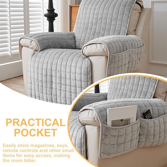 Polyester Flannel Recliner Cover, Non-Slip with 2 Side Pockets | Soft short-pile polyester with silicone backing guards armrests from pet scratches; thick one-piece cover, machine washable.