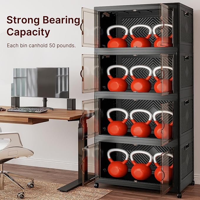 Stackable Storage Bins with Lids, 1440QT Lockable Storage Cabinet | Folding Storage Box with Doors and Wheels, Collapsible Plastic Drawers for Home, Garage, Office