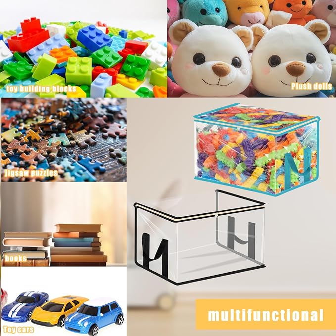 4 Pack Large Clear Storage Organizer Bags with Zipper, Reusable Clear Plastic Bins with Handle Organizer for Playroom Blocks Stuffed Animals Clothes Storage