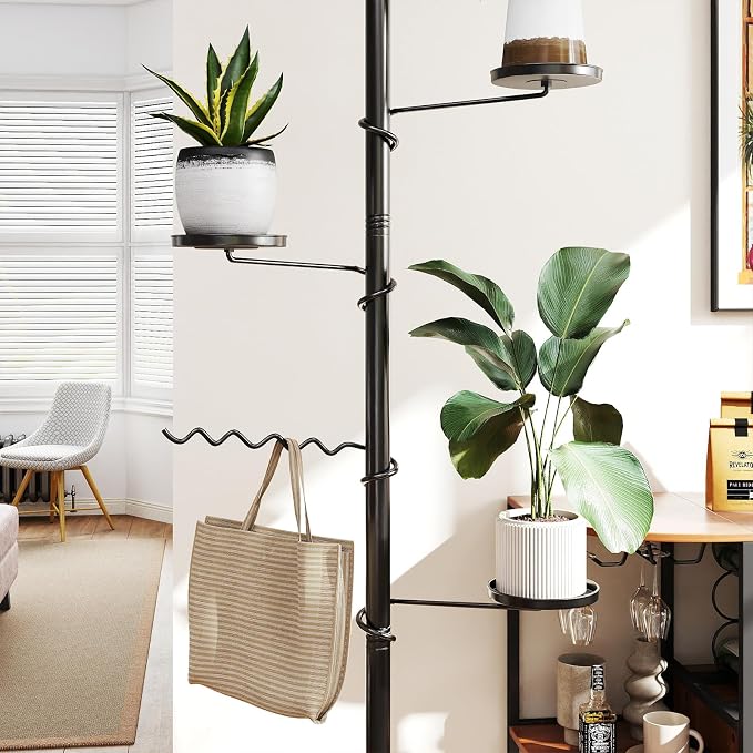 BAOYOUNI 4 Tier Plant Stand Pole Tension Rod Adjustable Flower Display Rack | Spring Loaded Indoor Floral Hanger Storage Shelf with 3 Trays & 1 Wave Hook, Black - Space Saving Vertical Garden Organizer