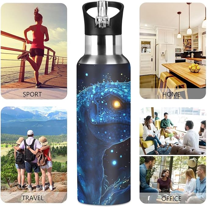 Tech Dinosaur Blue Galaxy Water Bottle with Straw Lid Kids Insulated Stainless Steel Water Flask Sports, 20 Oz Hot Cold