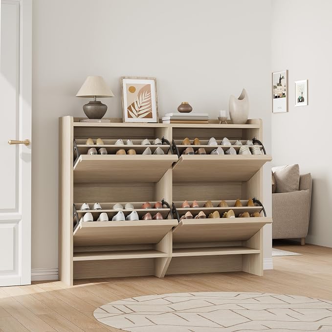 GarveeHome Shoe Cabinet with 4 Flip Drawers, Wooden Shoe Organizer Cabinet with Adjustable Shelf, Shoe Storage for Entryway, Hidden Shoe Cabinet for Hallway, Living Room, Natural Oak