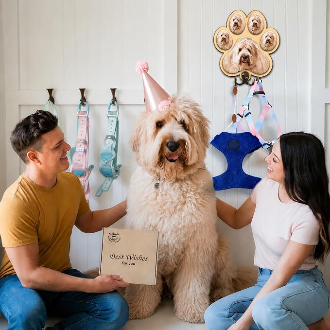Personalized Paw Print Leash Holder for Wall Mount, Custom Wooden Dog Key Holder with Custom Photo, Pet Collar and Harness Organizer for Entryway, Key Hook Gift for Pet Lovers & Dog Owners, Home Décor