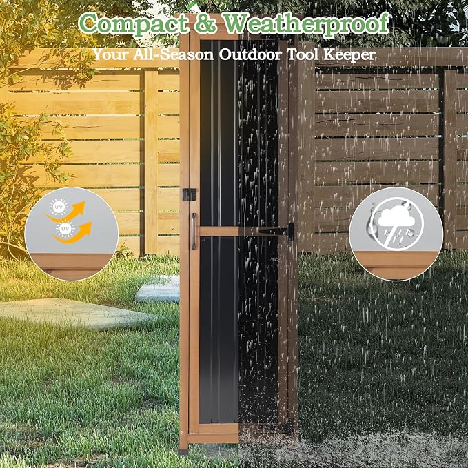 62" H Tall Narrow Outdoor Storage Cabinet with Metal Top, Outdoor Shed Storage Unit Waterproof with Adjustable Shelves for Garden, Patio, Living Room, or Entryway Storage, Black