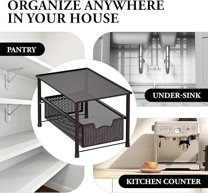 Simple Houseware Stackable Under Sink Sliding Basket Drawer, Brown | Perforated Free Standing Organizer, Kitchen/Pantry/Cabinet/Counter