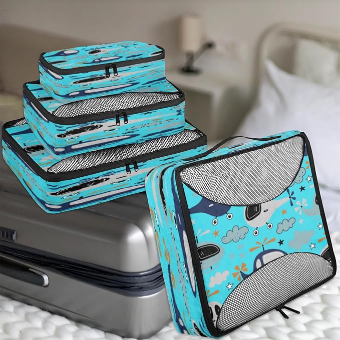 Airplane Packing Cubes for Travel, Luggage Packing Organizers, Cartoon Airplane Travel Accessories Large Toiletries Bag for Clothes Shoes Cosmetics Toiletries