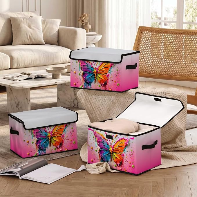 Stackable Storage Bins with Lids,Closet Organizers Fabric Box for Home and Office,Blanket Clothes Organizers,Under Bed Storage Containers 3 Pack