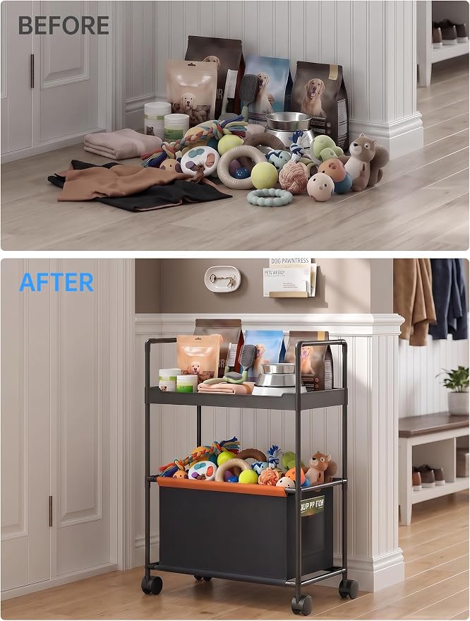 NiHome 2-Tier Dog Toy Basket Storage Cart, Dog Toy Rolling Organizer, Black | Pet Toy Storage Rack, Top Shelf, Oxford Fabric Basket, Metal Frame with 4 Swivel Casters, for Dog Toys, Treats, and Supplies