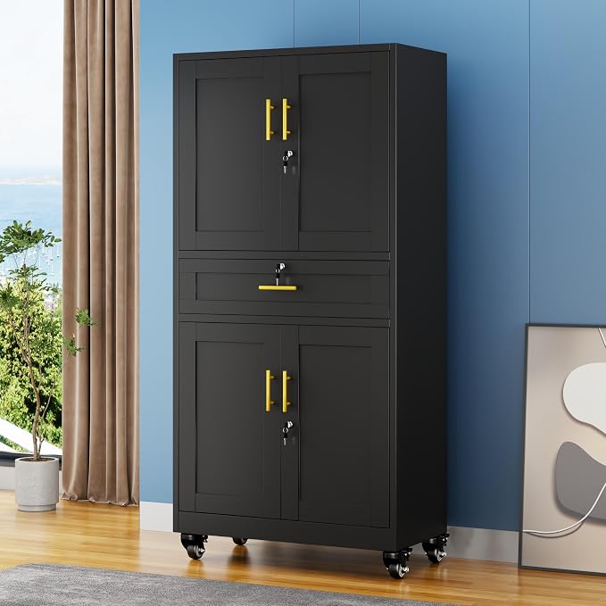 GAIOUS 74” Tall Metal Garage Storage Cabinet with Wheels and Drawer, Steel File Cabinet for Home Office, Tool Cabinet with 4 Locking Doors and 3 Adjustable Shelves, Rolling Cabinet for Garage-Black