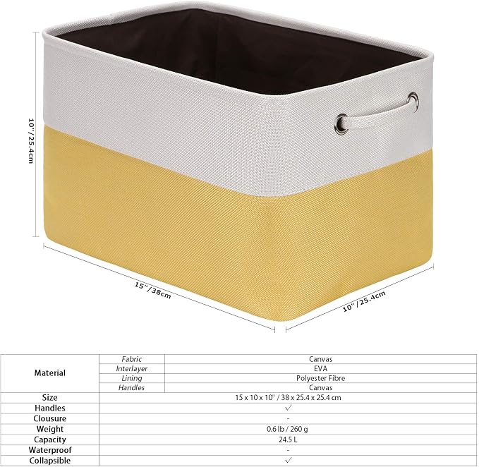 Sea Team Large Rectangle Canvas Open-Top Storage Baskets, 3-Pack | Collapsible Fabric Storage Bins with Handles, Closet Shelf Organizers, 15 x 10 x 10 Inches, Yellow & White
