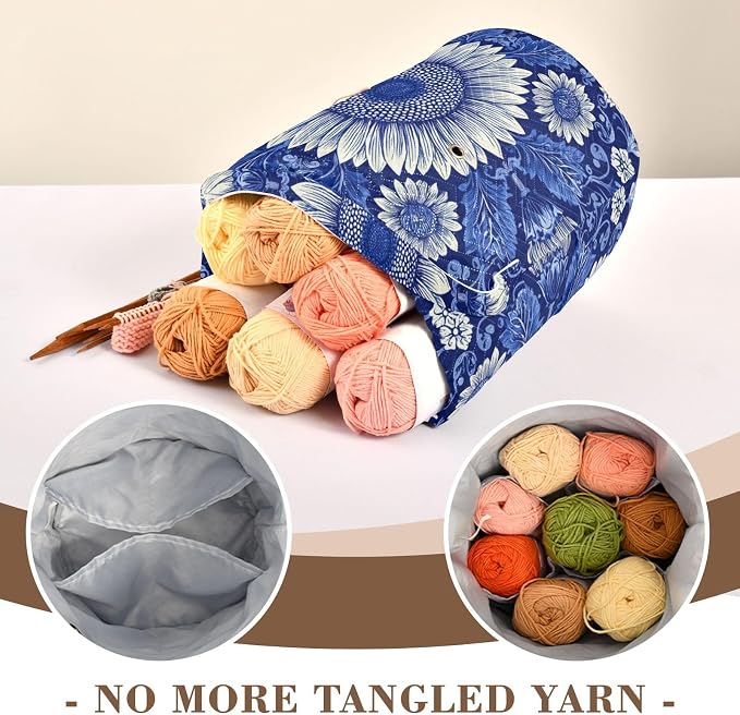 Tatenale Crochet Bag Yarn Bag Knitting Project Bag with Pockets and Handle Portable Yarn Storage Organizer Tangle Free 8.3x11 InchBlue and White Sunflowers Leaves10