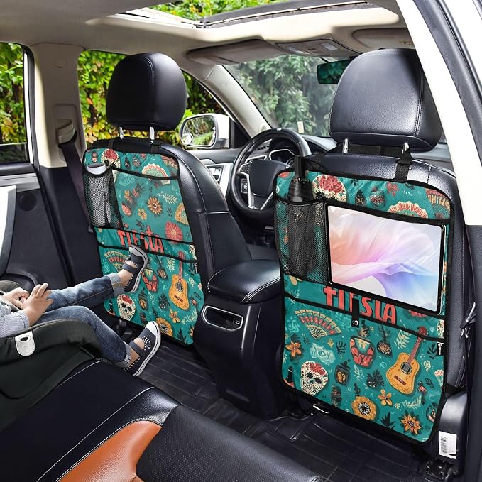2 Pack Back Seat Car Organizer with Storage Pockets Kick Mats Back Seat Protector Hanging Car Organizer Automotive Seat Back Cover Organizers Fiesta Mexican Green Skulls Guitars Flowers
