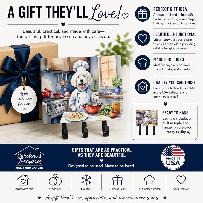 Caroline's Treasures Kuvasz The Chef Leash or Key Holder Wall Hooks, Key Hooks Holder, Coat Rack Wall Mount, Coat Hooks, Hooks for Hanging Keys, Towels, Aprons, Leashes | Kuvasz The Chef artwork on ceramic tile with three steel hooks for keys, leashes,...