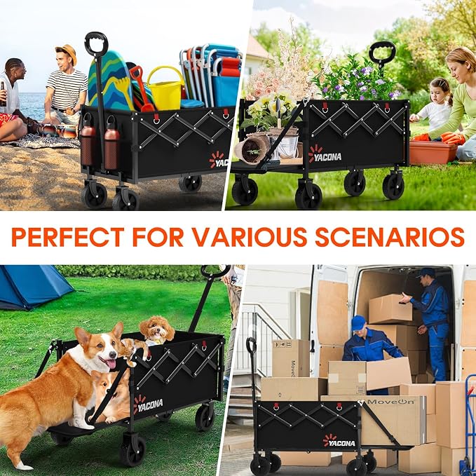 Yozoia Wagons Carts Foldable,120L Collapsible Wagon Cart with Wheels,Black | Foldable, Lightweight, Portable, Simple Installation, for Camping Shopping Beach Garden Sports