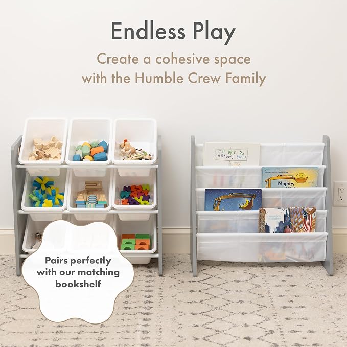 Humble Crew Kids Toy Organizer with 9 Bins, 3 Tier Storage for Playroom | Sturdy wood and steel toddler shelf, removable BPA-free containers, wall anchor anti-tip safety kit for bedroom or classroom