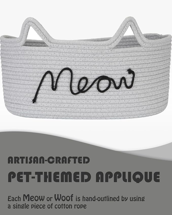 Sea Team Cat Toy Storage Basket with Handles and Ears, Gray Meow | Large Cotton Rope Storage Bin, Shelf Basket, Organizer for Pet Chew Toys, Foods, 16.5 x 11 x 7 Inches, 4.4 Gallons