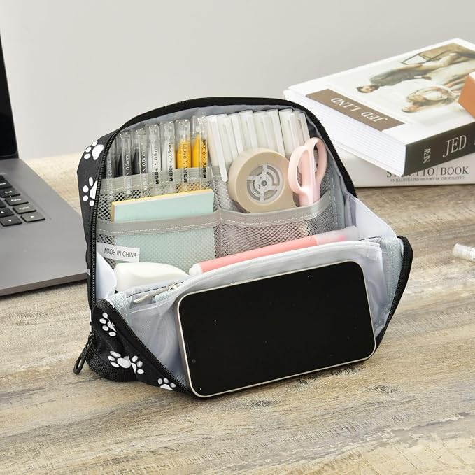 Aslsiy Large Capacity Pencil Case White Cute Pet Paws Black (2) Pencil Pouch for Boys Girls Portable Pen Bag Organizer Standing Makeup Bag for School Office Supplies
