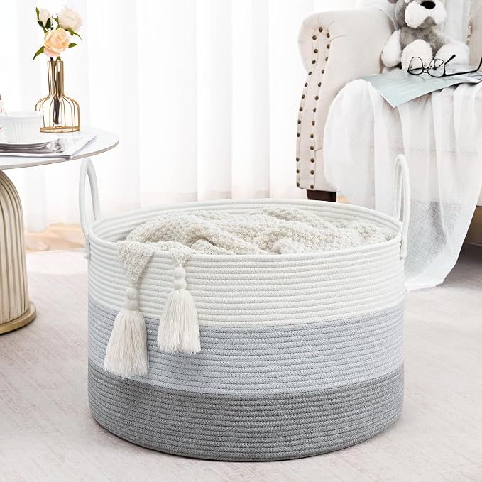 67L Large Woven Blanket Basket, Cotton Rope Baby Laundry Hamper with Handles, Kids Toy Basket for Classroom & Nursery, Soft Round Stuffed Animal Storage, Dog Toy Bin - 20"x13", Gray