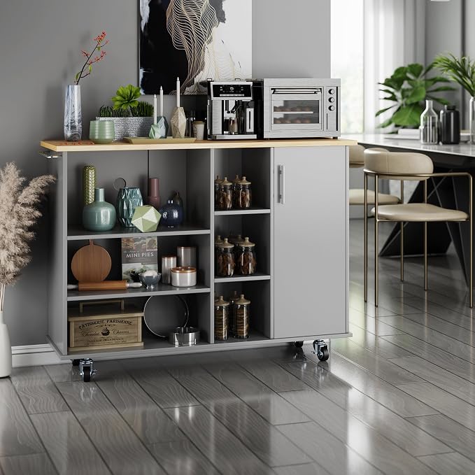 QAQA 48" Kitchen Island Cart Furniture cart on Wheels with Storage,Rolling Portable Dining Room Serving Utility Carts Mobile Movable with Drawers Cabinet,Grey