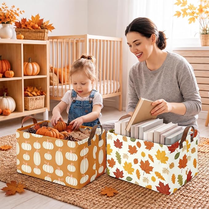 Britimes Fall Pumpkin Storage Baskets for Gift, Toy Storage Bins Box, 3Pcs | Autumn Harvest Canvas Collapsible Baskets Organizer with Handles Fall Nursery Decor Laundry Basket for Shelves Closet