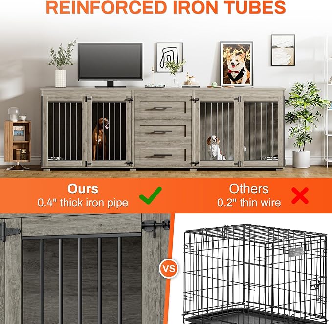 Rophefx 94.5" Dog Crate Furniture for 2 Dogs, Wooden Kennel TV Stand,Grey | Indoor double dog house with 3 storage drawers, 4 feeding bowls, lockable doors, and a wide top for large and medium dogs