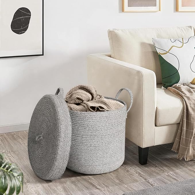 15”x13” Storage Basket with Lid, Blanket Storage for Living Room, Woven Cotton Rope Bin with Cover, Kids Dog Toy Box, Baby Laundry Basket with Lid, Covered Blankets Pillows Holder, Gray