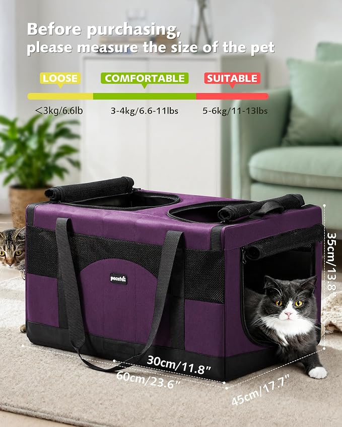 Pecute Cat Carrier, Soft Double Pet Crate for 2 Cats Travel, Purple | Anti-Collapse Steel Frame, Convertible Dual Space, Foldable, Polyester Breathable mesh, Up to 26 lbs, Car Travel & Vet Visits