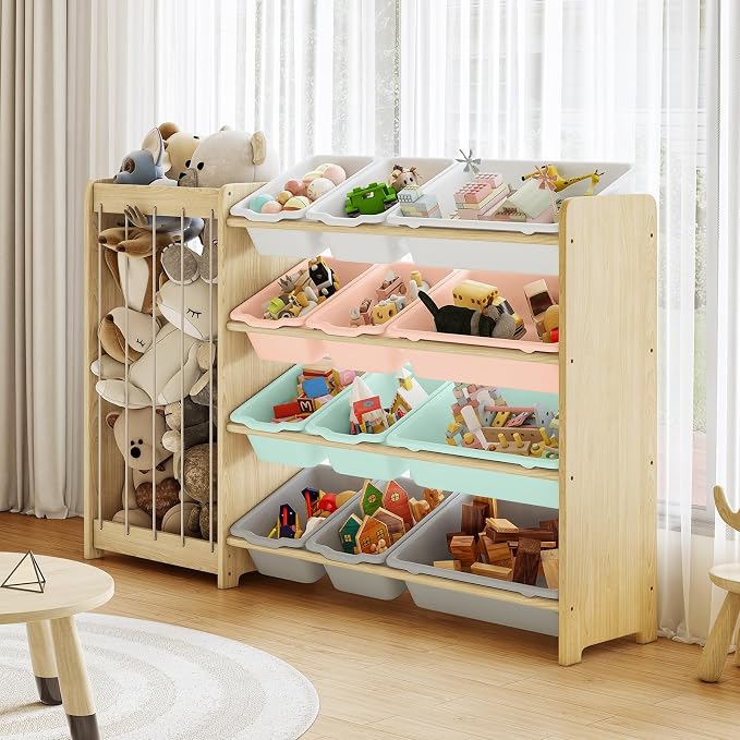 EXPERLAM Kids Toy Storage Organizer, 2-in-1 Stuffed Animal Storage & Toy Organizer w/12 Bins, Solid Wood Toy Rack Featuring Thicker Elastic Ropes to Hold Toys, Playroom Nursery Bedroom Storage, Multi