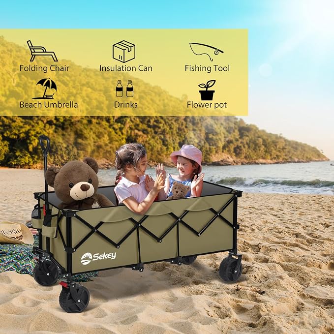 Sekey 48''L Collapsible Foldable Extended Wagon with 660lbs Weight Capacity, Heavy Duty 300L Folding Utility Garden Cart with Big All-Terrain Beach Wheels & Drink Holders. Khaki