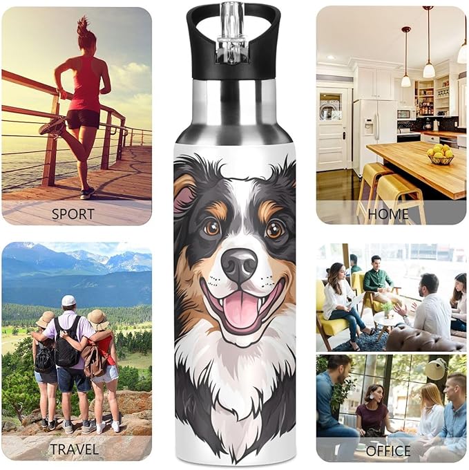 Bernese Dog Hearts Water Bottle with Straw Lid Kids Insulated Stainless Steel Water Flask Sports, 20 Oz Hot Cold