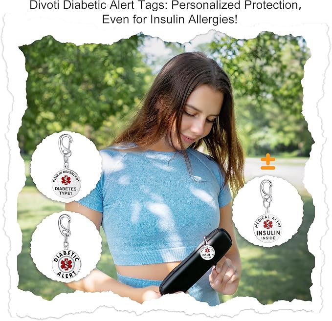 Divoti Diabetic Alert Bag Tag | 1.25" Dual-Sided Stainless Steel Medical Emergency ID for Backpacks, Luggage & Supplies | Quick Clip