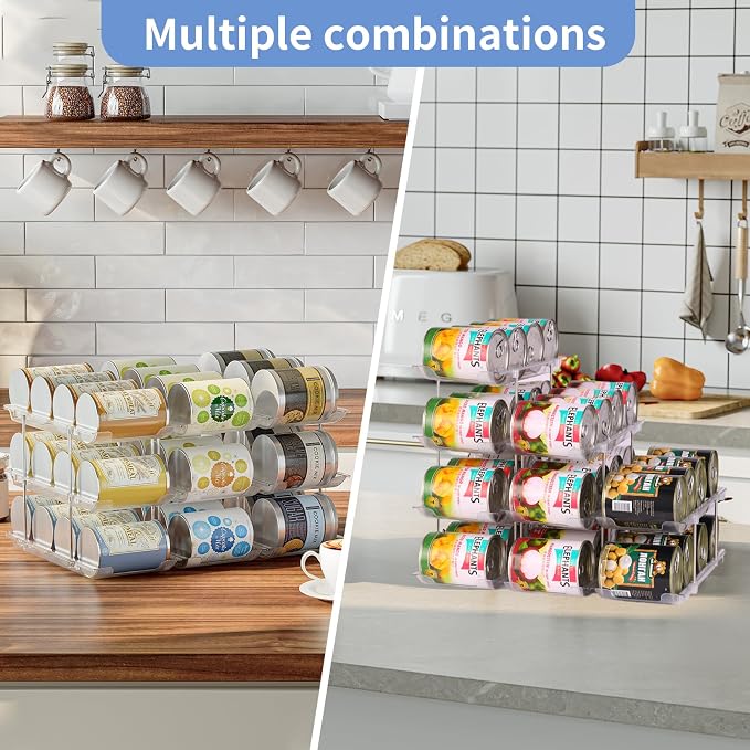 Jsyrjing Can Organizer for Pantry, 3-Tier Stackable Can Dispenser Rack | Automatic Rolling, Modular Flexible Combination, Extra-Thick Clear Material, Cabinet Pantry Fridge Countertop Storage