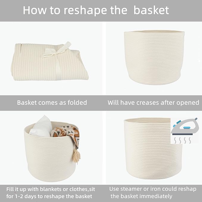 XUANGUO Cotton Rope Basket For Girls Boys Kids 16”X14” White | Baby Laundry Baskets, Blanket Basket, Nursery Bin; Round Woven Basket Organizer for Toy Storage, Blankets, Shoes and Clothes