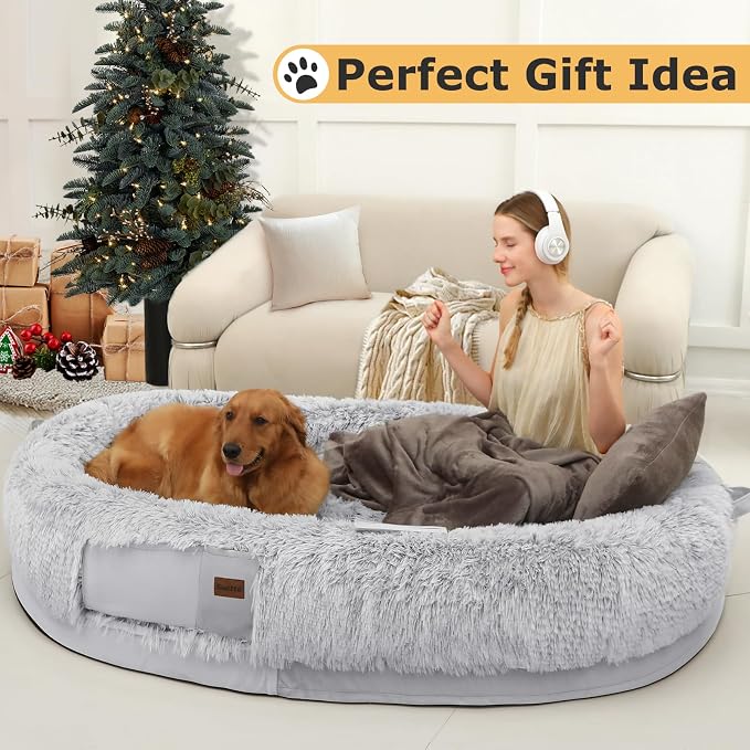 Human Dog Bed for Adult, 71"x48" Large Pet Dog Bed, Cool Grey | Adult Dog Bed for Humans with Pillow & Blanket, Fluffle Cloud Dog Bed with Orthopedic Foam Bolster, Durable Zipper, Portable