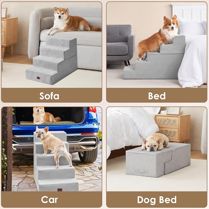 EHEYCIGA Dog Stairs for High Bed 25" H, Extra Wide Dog 5-Step, Light Grey | Pet Steps for Small Dogs and Cats for Bed, Non-Slip Balanced Pet Ramp Indoor