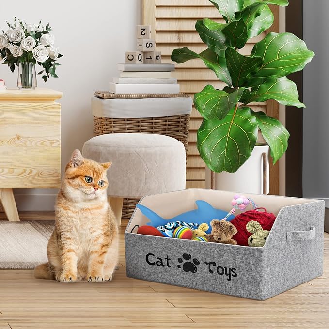 2X Thicker Large Cat Toy Bin Collapsible Cat Toy Box Sturdy Cat Toy Basket Kitten Toy Storage Bed for Organizing Cat Toys Treats Clothes and Accessories (Grey)