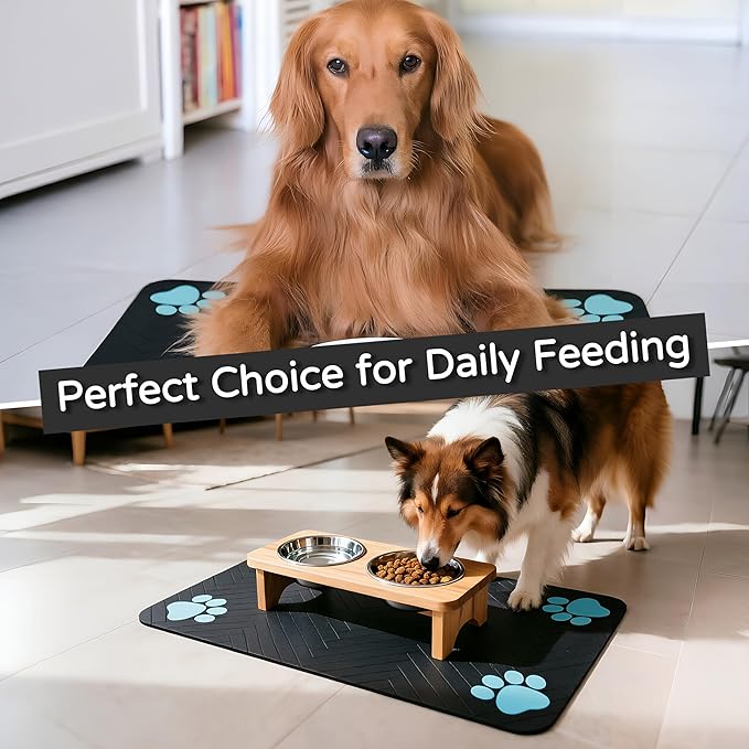 Pet Feeding Mat-Absorbent Dog Feeding Mat for Food and Water Bowl,No Stains Pet Placemat,Quick Drying Water Dispenser Mat for Dog and Cat,Easy to Clean Dog Accessories(L,Black Blue Paw)