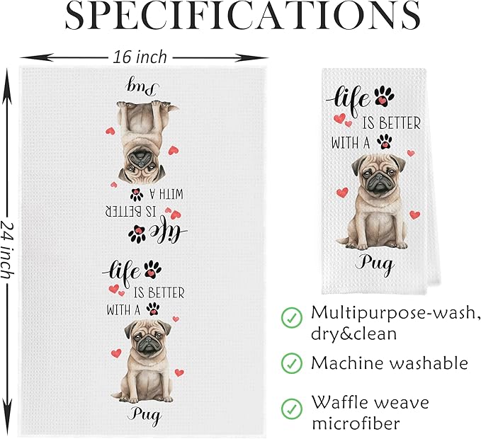 Gequtt Pug Gifts Dish Towels - Funny Waffle Weave Kitchen Towels, Set of 2 (1624 Inches) for Women, Pet Lovers