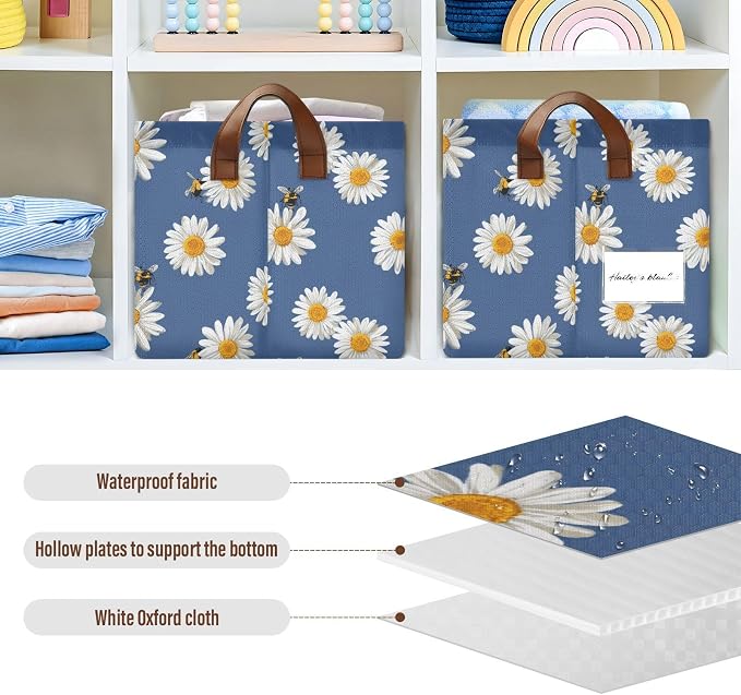 Daisy and Honey Bee Flower Blue Storage Basket Foldable Cube Storage Bins with Handles&Label Waterproof Organizer Box Bin Large Rectangle Decorative Baskets for Shelves Home Room Laundry-2 Pack