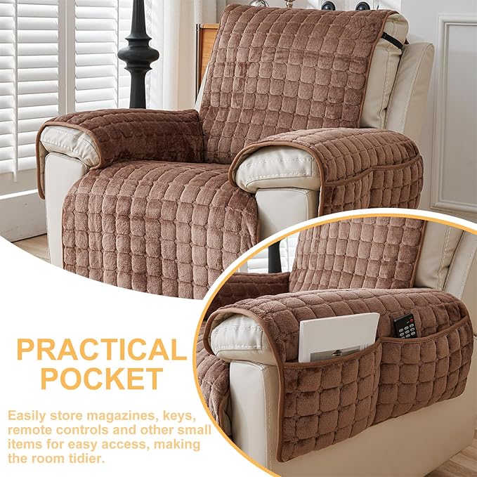 Polyester Flannel Recliner Cover, Non-Slip with 2 Side Pockets | Soft short-pile polyester with silicone backing guards armrests from pet scratches; thick one-piece cover, machine washable.