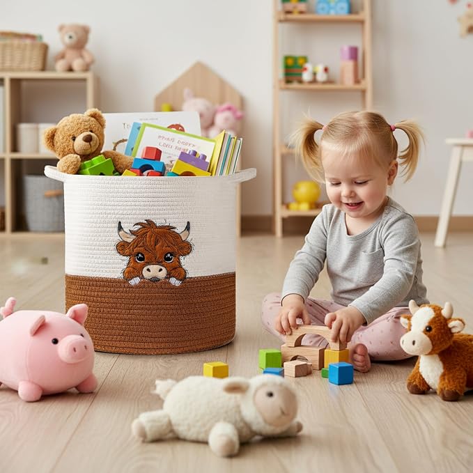 Large Blanket Baskets for Living Room, Highland Cow Storage Baskets for Toys Organizer Woven Cotton Rope Basket for Kids, Clothes Hamper with Embroidery Highland Cow Decor for Nursery Laundry
