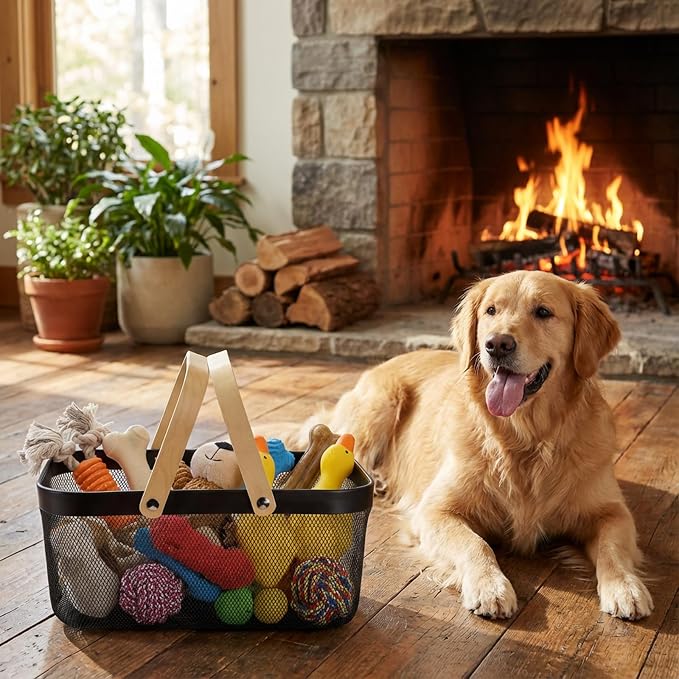 Metal Dog Toy Basket, Chew-Proof Food Bin with Handles | Medium Indestructible Feeding Storage Container, Pet Stuff Organizer Box for Living Room, Dog Leash, Blanket