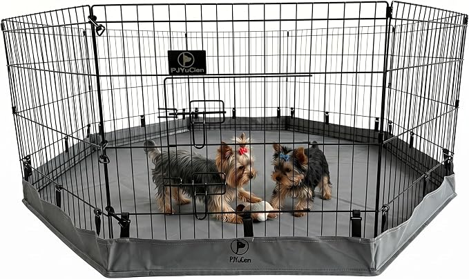 PJYuCien Puppy Playpen with Bottom Pad and Door, 8 Panels 24" H, Gray | 24"W, Dual-function Pad, For Small Pets, Foldable Octagonal Pen, Versatile, Indoor & Outdoor, Backyard, Protects Floors