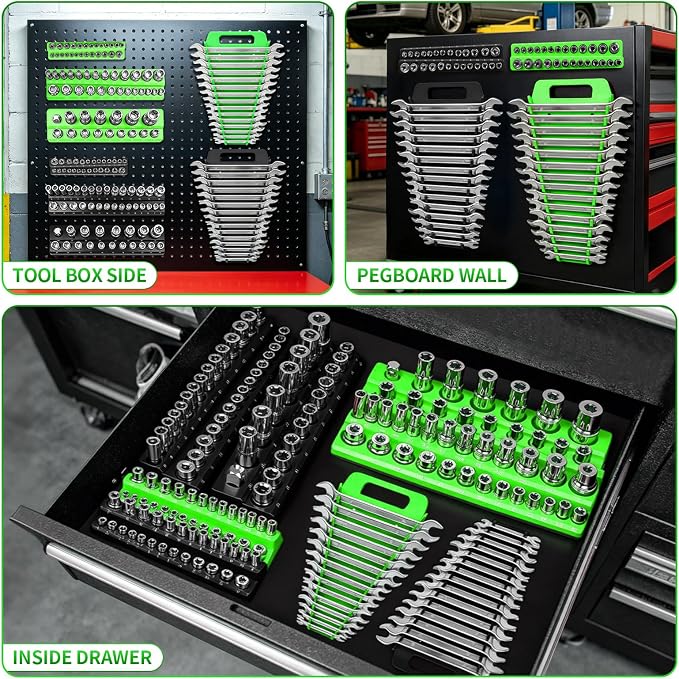 8 Piece Magnetic Socket Organizer Set, 1/4", 3/8", 1/2" Drive Metric and SAE Socket Holder Trays, Socket Organizer for Tool Box Drawer, Garage, Workbench and Mechanic Cart, Black and Green