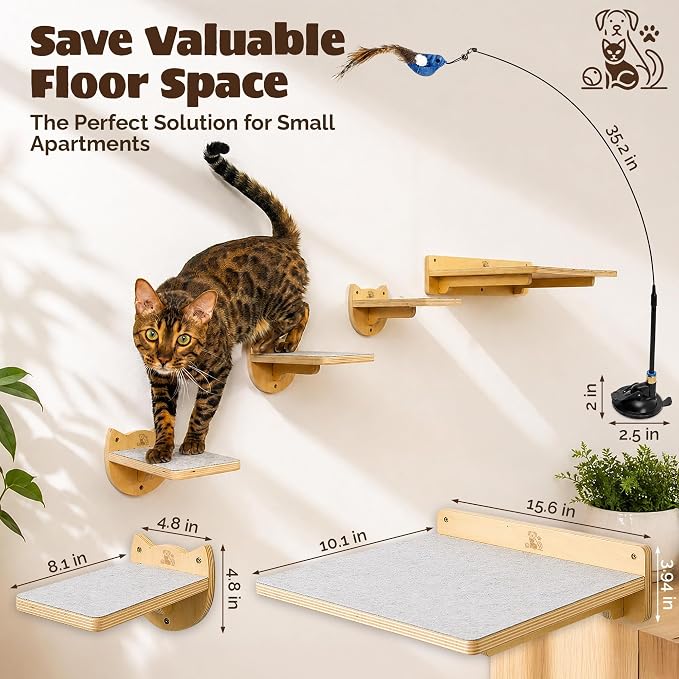 Snuggle & Play Cat Wall Shelves & Climbing System ā Modern Furniture Set with 3 Steps & Perch for Indoor Cats, Includes Wand Toy