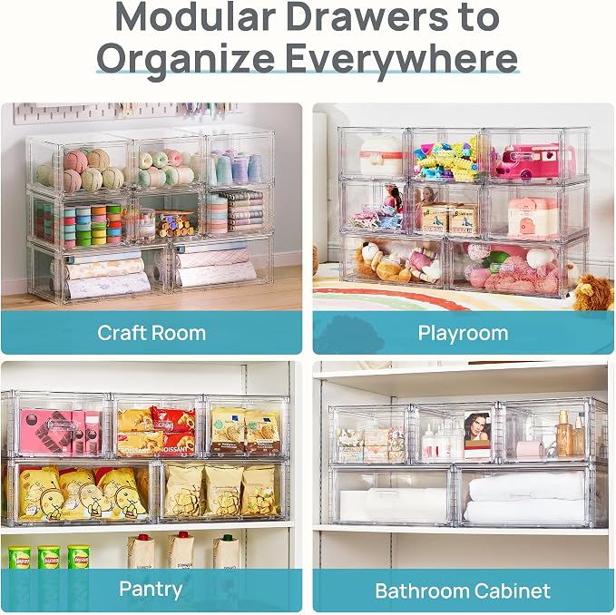 Vtopmart 8 Pack Large & Medium Stackable Storage Drawers Set | Easy Assembly Clear Plastic Storage Cabinet, Durable Dresser for Closet, Bedroom, Entryway, Playroom & Apartment Organization