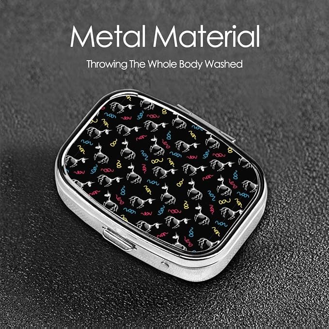 Metal Pill Box AM/PM Compartments Small Medicine Organizer Supplements Case Travel Essential, Happy Halloween Unicorn Skull Skeletons