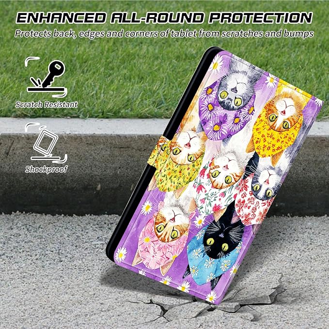 Universal Tablet Case for T-Mobile Revvl Tab 2 10.1" Model:9185W 2025/Revvl Tab 5G 10.36" 2023, 360 Degree Rotating Kickstand Protective Stand Leather Shell Cover for 9"-10.5", Purple Cat